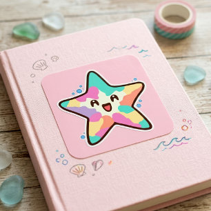 Süßer lächelnder Kawaii-Baby-Seestern mit Blasen Quadratischer Aufkleber