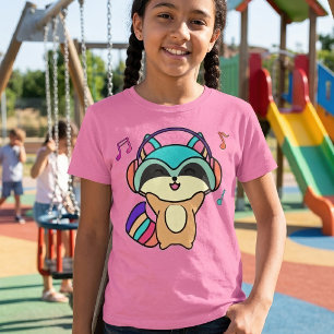 Süßer lächelnder Kawaii-Baby-Waschbär mit Kopfhöre T-Shirt