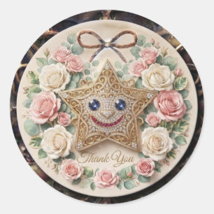Süßer lächelnder Stern mit Rosen-Rundum-Aufkleber Runder Aufkleber