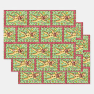 Süßer Lebkuchenmann bläst Horn, Weihnachtsbonbons Geschenkpapier Set