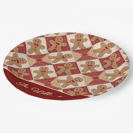 Süßer Lebkuchenmann-Patchwork-Muster-Stil Pappteller (Schrägansicht)