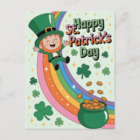 Süßer Leprechaun mit Regenbogen zum St. Patrick's Postkarte (Vorderseite)
