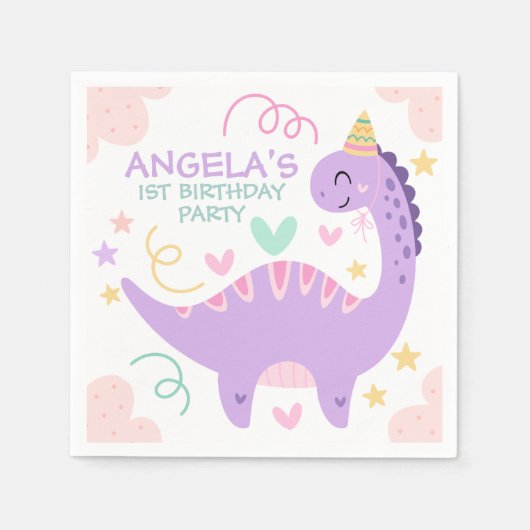 Süßer lila Dinosaurier Kindergeburtstag Serviette (Vorderseite)