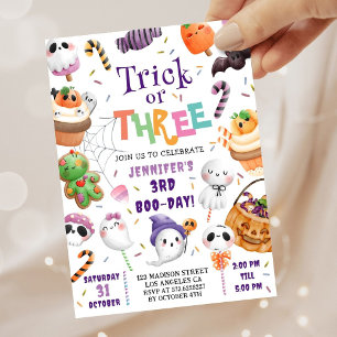Süßer lila Halloween 3. Geburtstag: Trick or Three Einladung