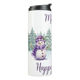 Süßer lila Schneemann Weihnachten Winterwald Thermosbecher
