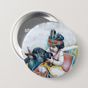Süßer Lord Krishna mit Kuh klassischer runder Aufk Button