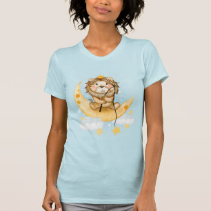 Süßer Löwe fischt auf dem Mond Aquarell T-Shirt