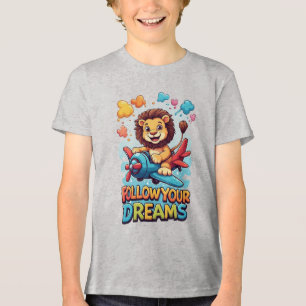 Süßer Löwen-Cartoon fliegt auf einem farbenfrohen  Tri-Blend Shirt