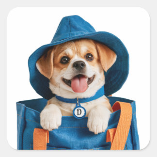 Süßer lustiger blauer Hut glücklicher Hund Quadratischer Aufkleber