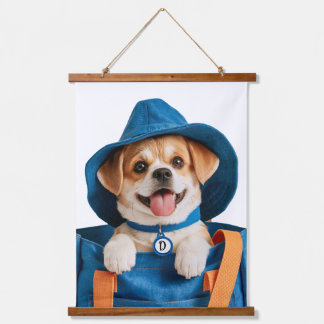 Süßer lustiger blauer Hut glücklicher Hund Wandteppich Mit Holzrahmen