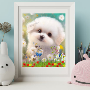 Süßer malteser weißer Welpe Hund im Blumengarten K Poster