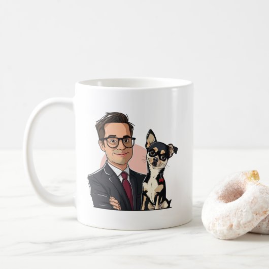 Süßer Mann und Chihuahua-Hund Cartoon-Portrait Kaf Kaffeetasse (Mit Donut)
