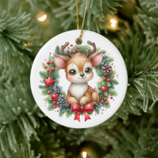 Süßer maßgeschneiderter Hirsch-Weihnachtskranz Keramik Ornament