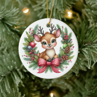 Süßer maßgeschneiderter Hirsch-Weihnachtskranz Keramik Ornament