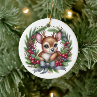 Süßer maßgeschneiderter Hirsch-Weihnachtskranz Keramik Ornament