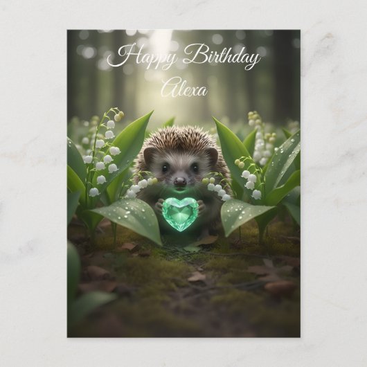 Süßer May-Igel mit Smaragd-Herz Postkarte (Vorderseite)