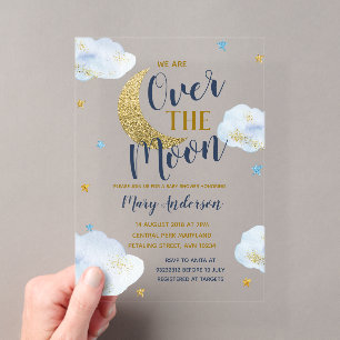 Süßer Mond Navy Blau und Gold Glitter Baby Shower Acryleinladungen