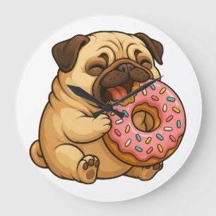 Süßer Mops-Donut-Cartoon lustig munching  Große Wanduhr