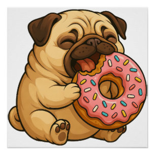 Süßer Mops-Donut-Cartoon lustig munching  Poster