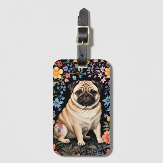 Süßer Mops Elegante Farbige Blumen Gepäckanhänger (Vorderseite Vertikal)