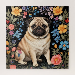Süßer Mops Elegante Farbige Blumen Puzzle