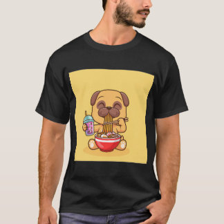 Süßer Mops-Hund isst Ramen und trinkt Milchtee Bo T-Shirt