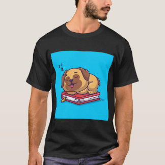 Süßer Mops-Hund schläft auf Buch Cartoon-Vektor-Ic T-Shirt