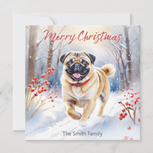 Süßer Mops im Schnee Aquarell Frohe Weihnachten