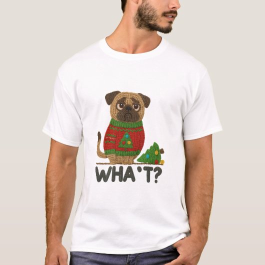 Süßer Mops im Weihnachtspulli mit Lustigem  T-Shirt (Vorderseite)