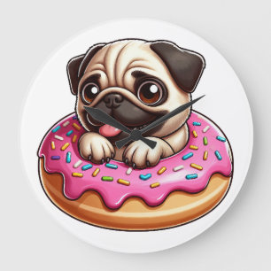 Süßer Mops mit Donut Cartoon-Hundefreund Große Wanduhr