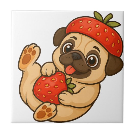 Süßer Mops mit Erdbeeren Cartoon süß fruchtig Fliese (Vorderseite)