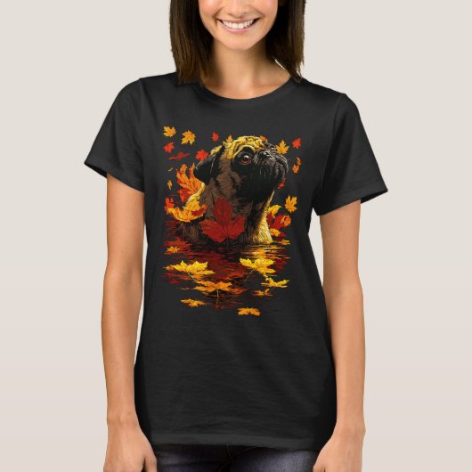 Süßer Mops mit Waldblättern Gemütlicher Herbsthund T-Shirt (Vorderseite)