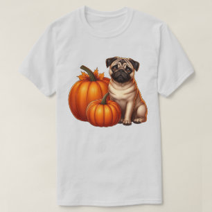 Süßer Mops neben Kürbissen mit Blättern sitzend T-Shirt