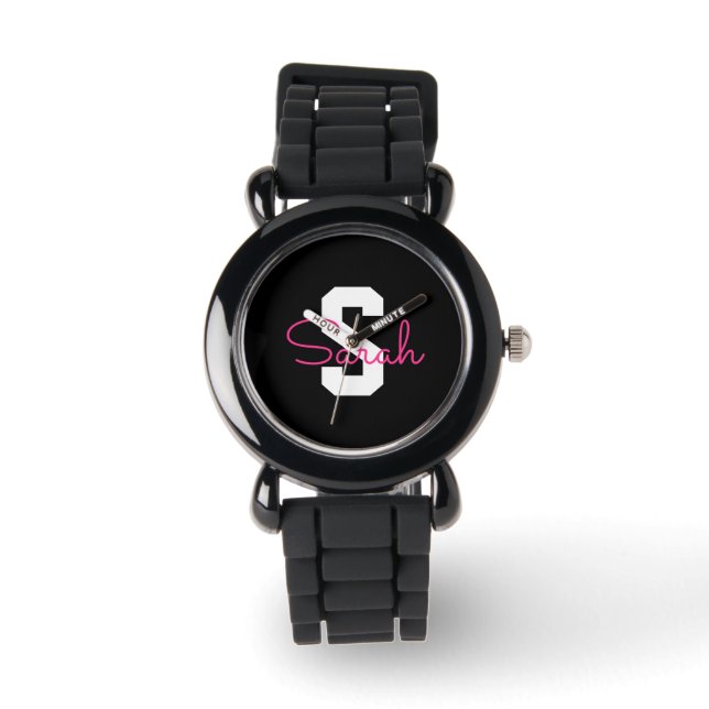 Süßer Name & Monogramm | Schwarz Weiß & Rosa Armbanduhr (Vorderseite)
