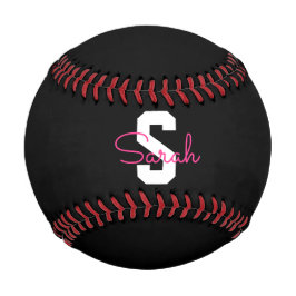 Süßer Name & Monogramm | Schwarz Weiß & Rosa Baseball