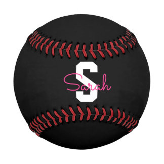 Süßer Name & Monogramm | Schwarz Weiß & Rosa Baseball