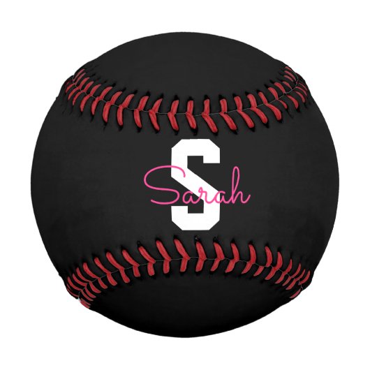 Süßer Name & Monogramm | Schwarz Weiß & Rosa Baseball (Vorderseite)