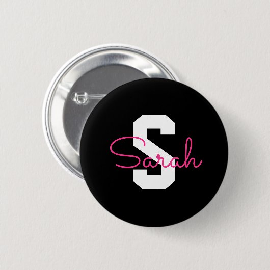 Süßer Name & Monogramm | Schwarz Weiß & Rosa Button (Vorne & Hinten)