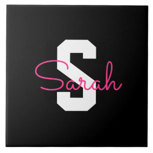 Süßer Name & Monogramm Schwarz Weiß & Rosa Fliese