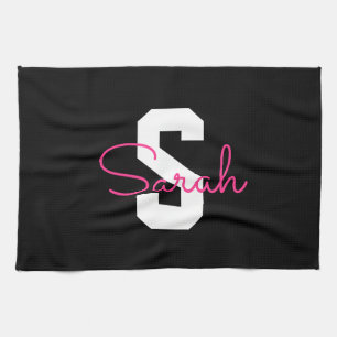 Süßer Name & Monogramm   Schwarz Weiß & Rosa Geschirrtuch