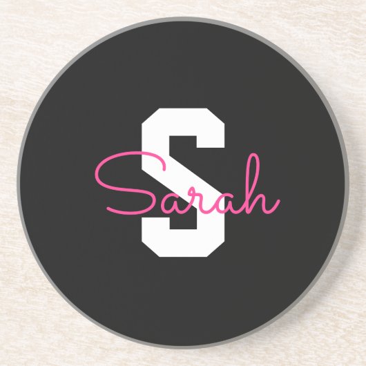 Süßer Name & Monogramm | Schwarz Weiß & Rosa Getränkeuntersetzer (Vorne)