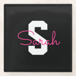 Süßer Name & Monogramm | Schwarz Weiß & Rosa Glasuntersetzer