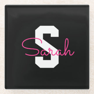Süßer Name & Monogramm | Schwarz Weiß & Rosa Glasuntersetzer
