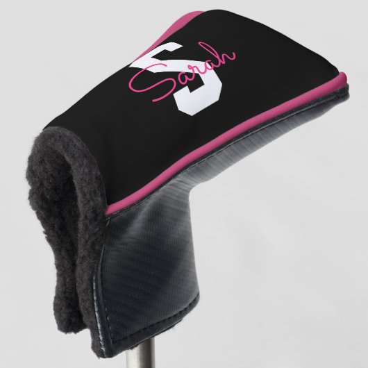 Süßer Name & Monogramm | Schwarz Weiß & Rosa Golf Headcover (3/4 Vorderseite)