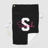 Süßer Name & Monogramm | Schwarz Weiß & Rosa Golfhandtuch (Insitu)
