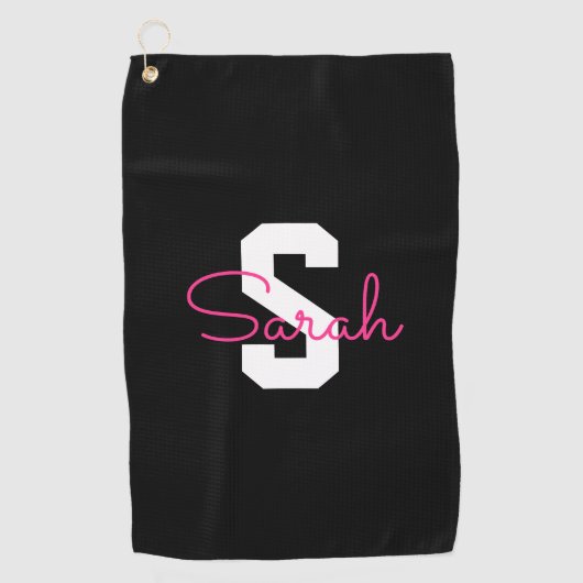 Süßer Name & Monogramm | Schwarz Weiß & Rosa Golfhandtuch (Vorderseite)
