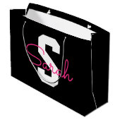 Süßer Name & Monogramm | Schwarz Weiß & Rosa Große Geschenktüte (Rückseite Schrägansicht)