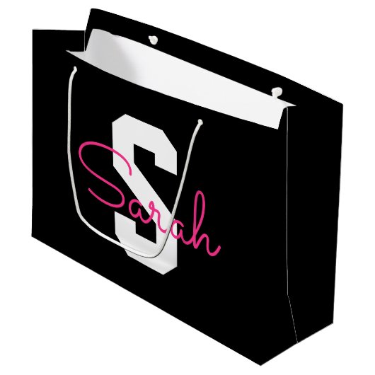 Süßer Name & Monogramm | Schwarz Weiß & Rosa Große Geschenktüte (Vorderseite Schrägansicht)