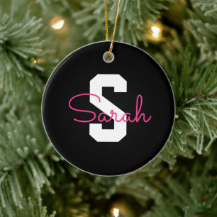 Süßer Name & Monogramm Schwarz Weiß & Rosa Keramik Ornament