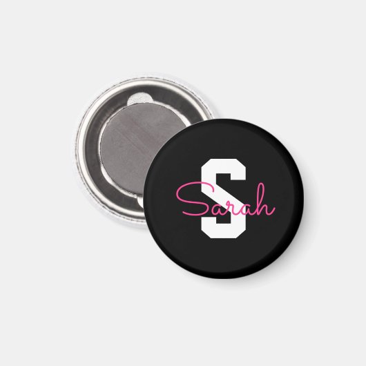 Süßer Name & Monogramm | Schwarz Weiß & Rosa Magnet (Vorderseite/Rückseite)